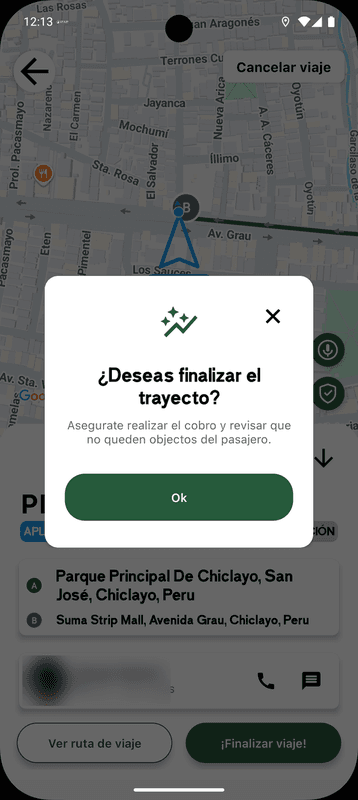 App de conductor: finalizar el trayecto