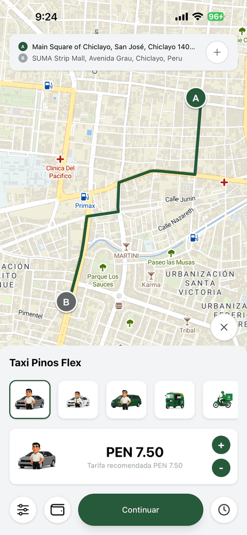 Pantalla de la app de pasajero para elegir el servicio y proponer la tarifa