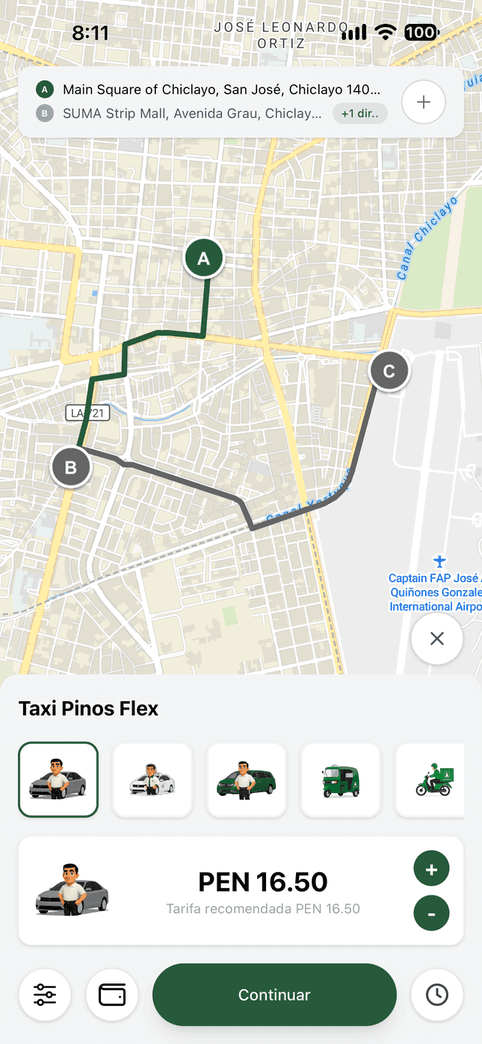 App de Taxi Pinos Chiclayo con una ruta con parada y la tarifa recomendada